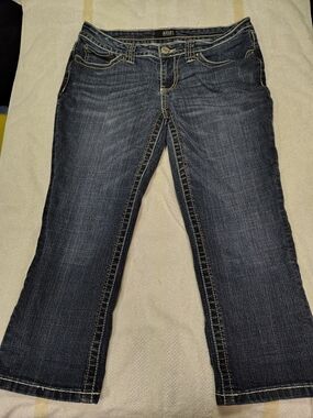 a.n.a Dark Indigo Wide-Leg Capris with Yellow Contrast Stitching